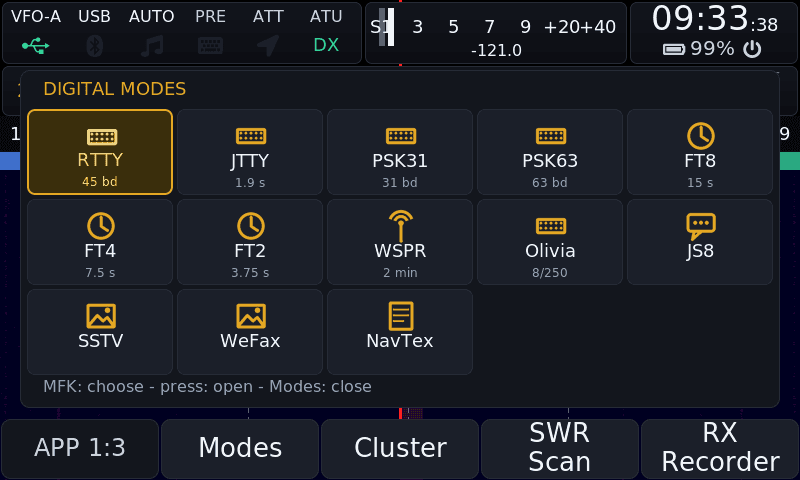 The Modes grid with an icon per digital mode